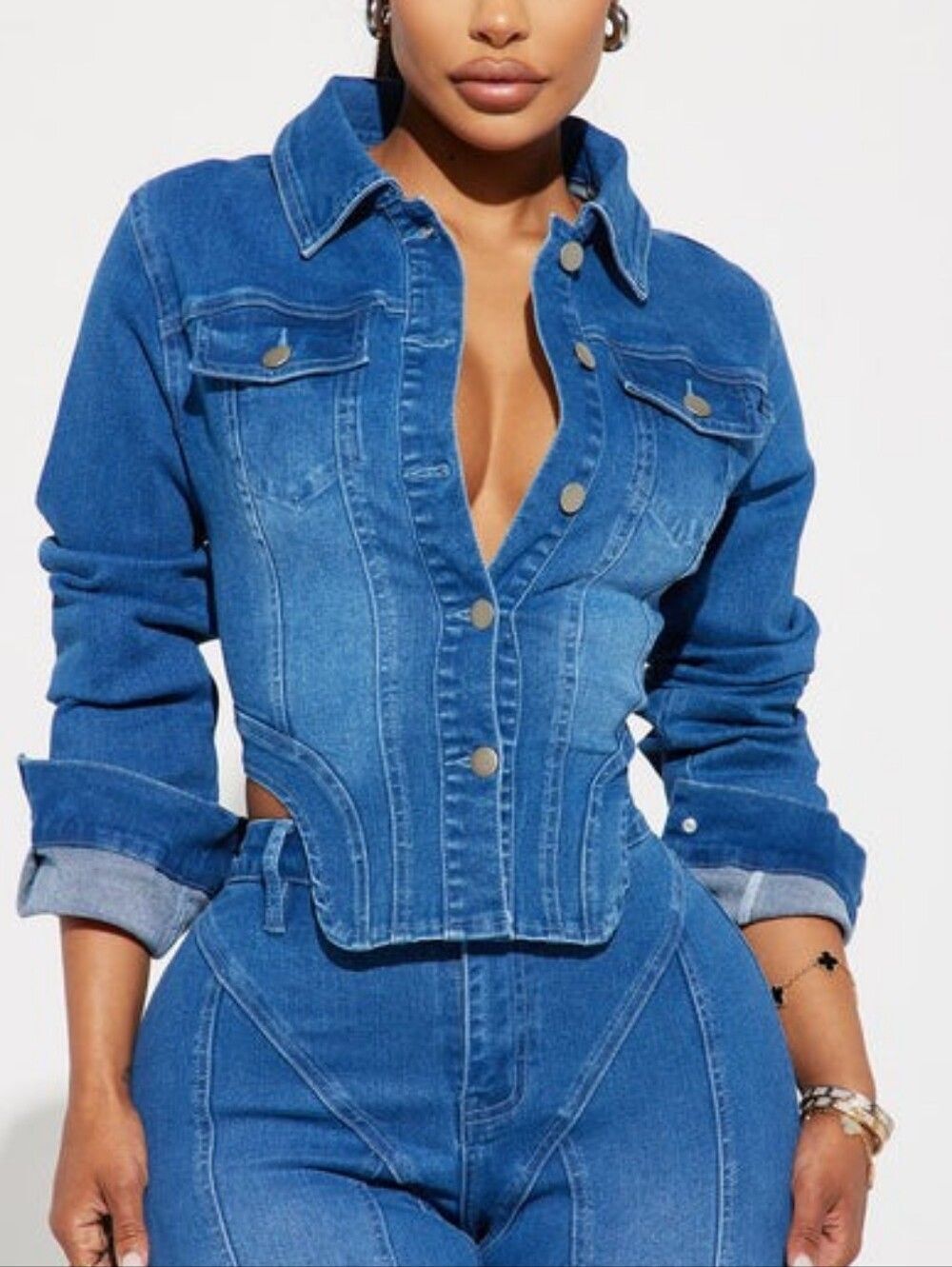 Fashion Nova Women Dark Wash Blue Maison Stretch Denim Trucker Jacket NWT Medium